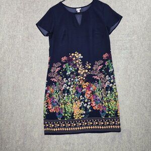 Womens Floral Knee-Length Shift Dress Navy Blue With Short Sleeves & Keyhole Nec